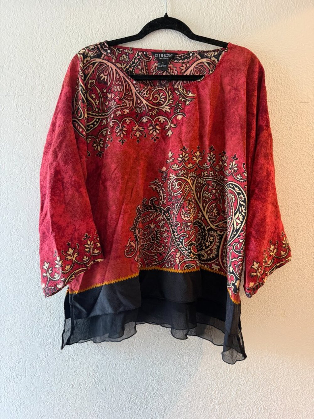 Vintage Citron Santa Monica 100% Silk Boho Blouse Large